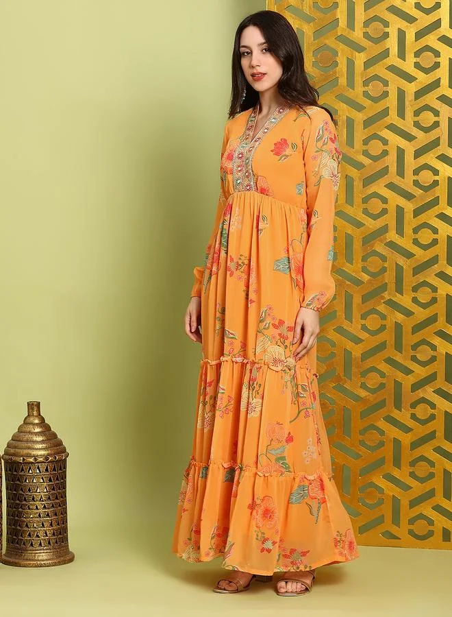 جلو باص فستان ماكسي نسائي بأكمام أسقف مطرزة باللون البرتقالي